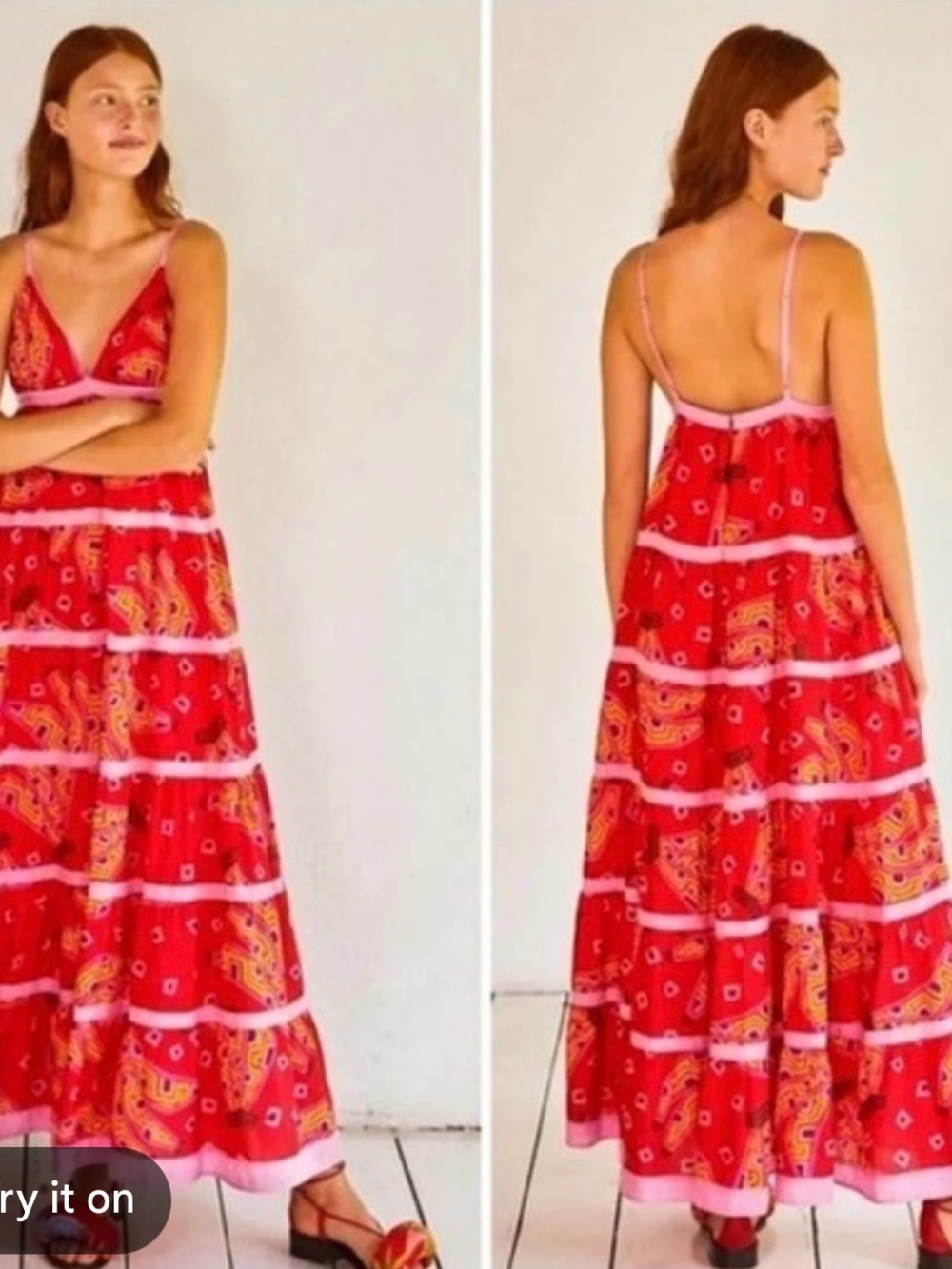FARM Rio tiki bananas Red Printed Tiered Maxi Dress with Pink Trim